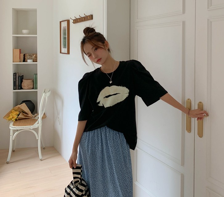 Lip Printing Puff Short Sleeves T-shirt