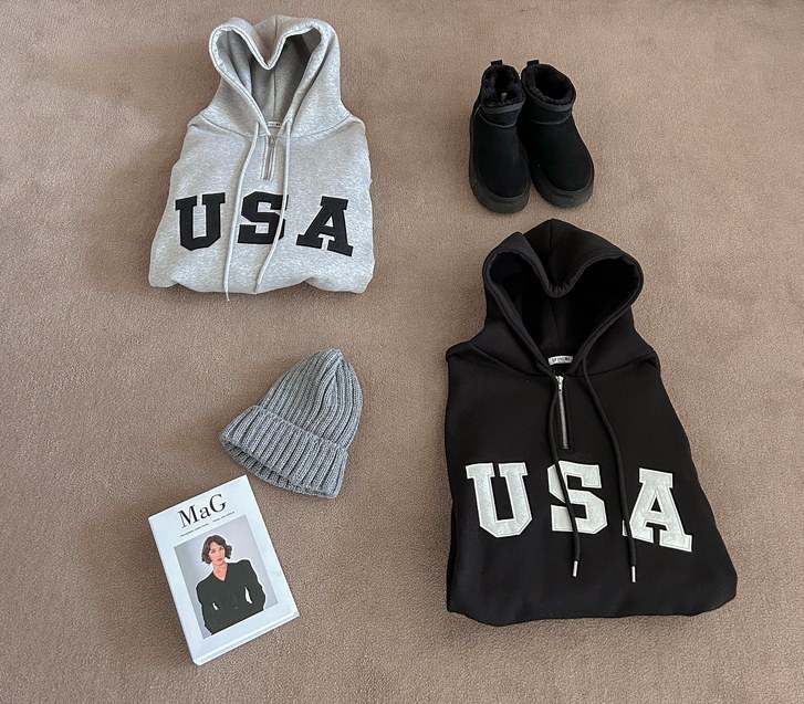 [Unisex] USA embroidery patch half-zip napping hoodie