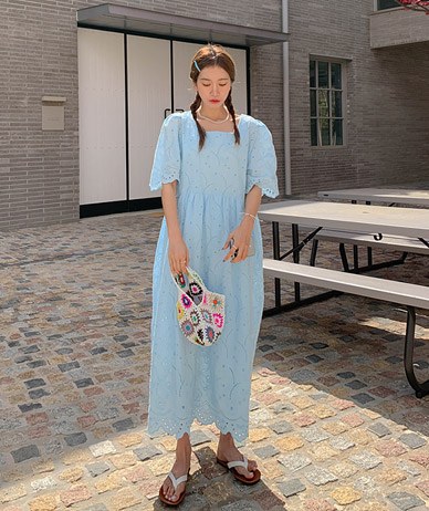 Bali embroidery Punching Short-sleeve Long one piece