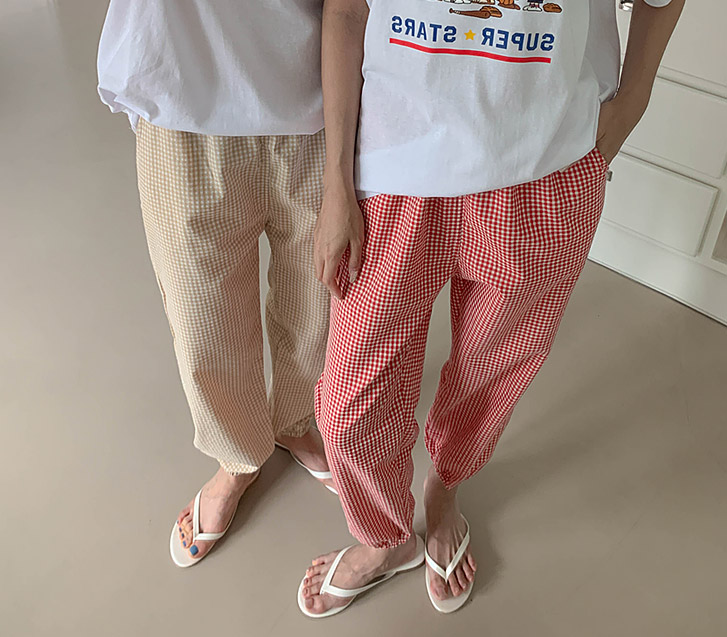 Summer Seersucker Check 9-part Pajamas Banding Jogger Pants