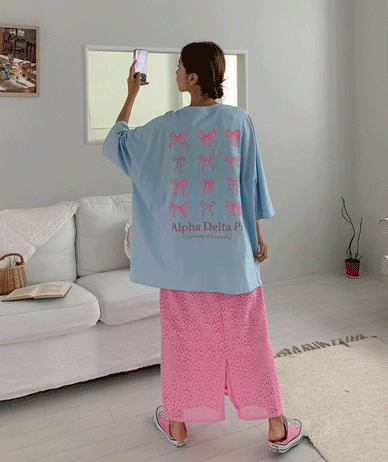 Back Ribbon Dyeing Loose Fit 7-part Long T-shirts
