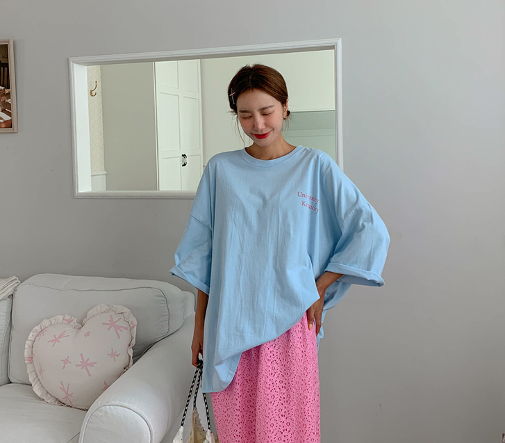 Back Ribbon Dyeing Loose Fit 7-part Long T-shirts