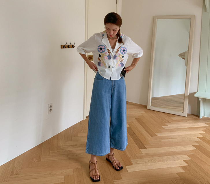 Boen Denim Banding 8-part Wide Pants