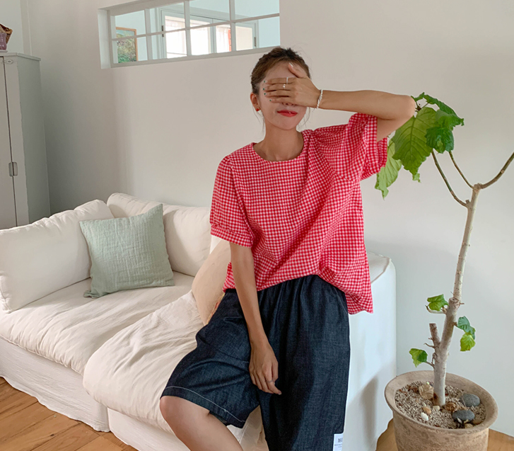 Bronde Check Seersucker Short-sleeve Blouse