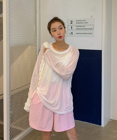 Pony color combination nagrang See-through look Long-sleeve T-shirt