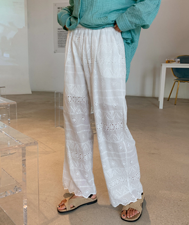 Eyelet Embroidery Punching Banding Wide Pants