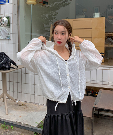 Dot seersucker string Hood Shirt Shirt