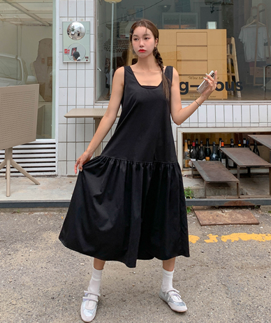 Ringo Nylon Sleeveless Shirts Shirring Long one piece