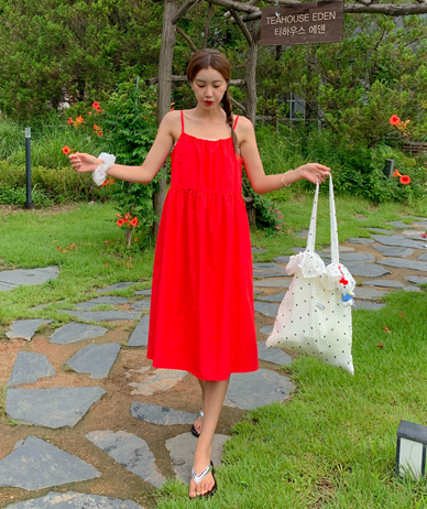 Forcial Cotton Shirring Sleeveless Shirts Long One Piece