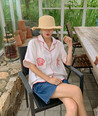 Shell Embroidery Kara Linen Short-sleeve Shirt Shirt