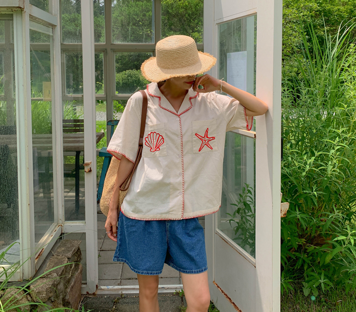 Shell Embroidery Kara Linen Short-sleeve Shirt Shirt