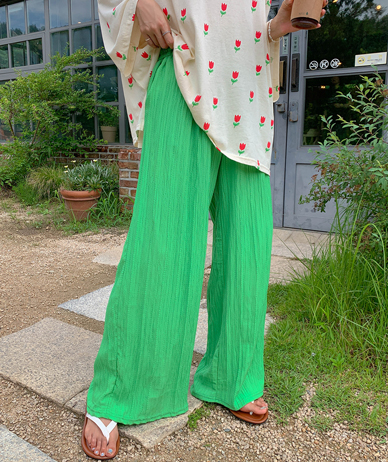 Vacation Pintuck Seersucker Banding Wide Pants
