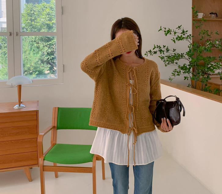 Bowknot Crochet Wool Knit Cardigan