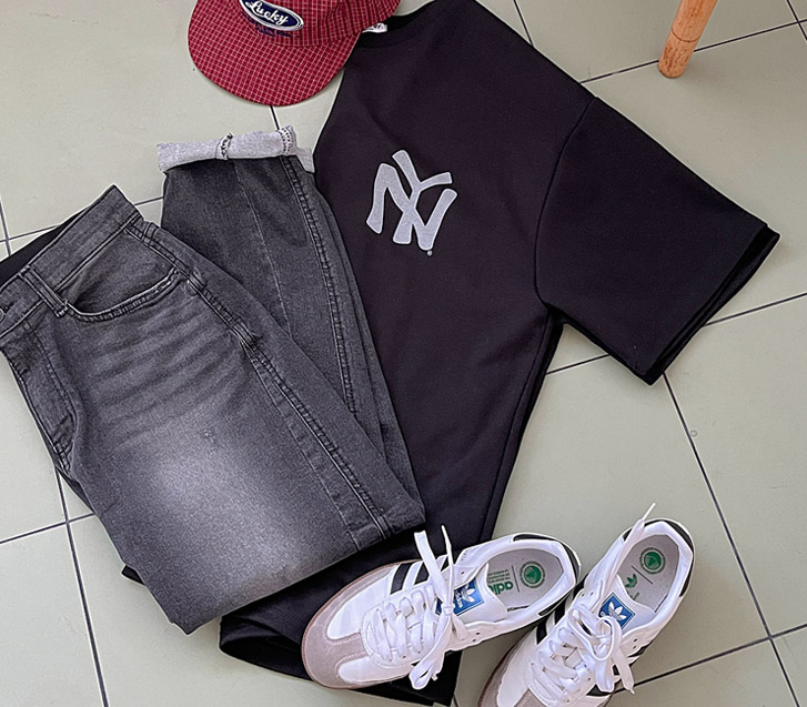 Outsing cut stitch baggy banding denim pants