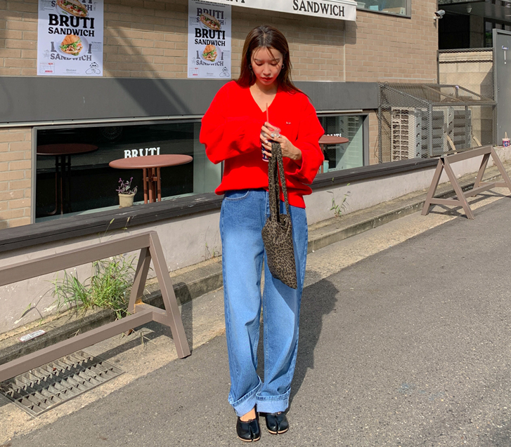mocca denim banding semi-wide pants