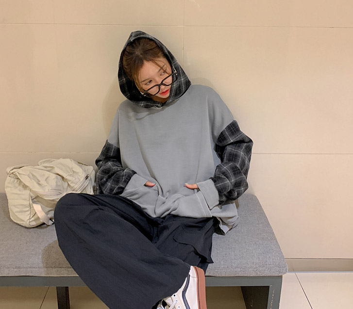 [Unisex] Aden Check Color Combination Pigment Long Hoodie