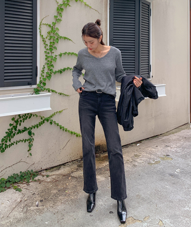 dark banding semi bootcut pants