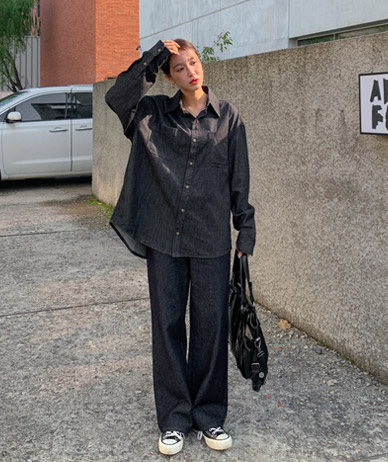 Sobe Non-Fade Denim Long-sleeve Shirt + Royco Denim Banding Straight Wide Pants