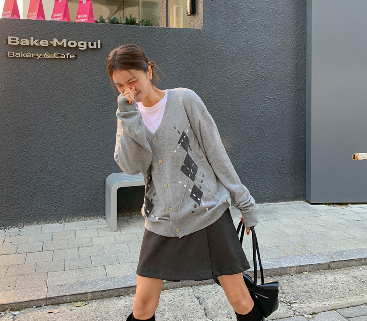 [Unisex] Argyle Stitch Wool Knit Cardigan