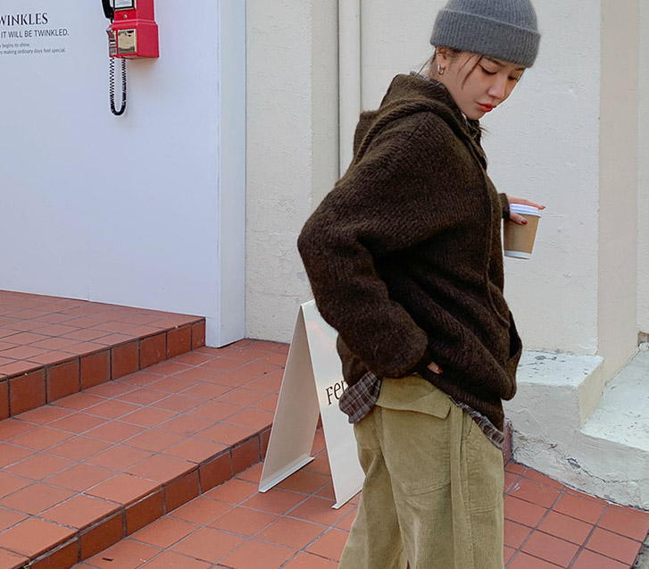 [Unisex]Wool Brush overfit Knit Hood Zip-up