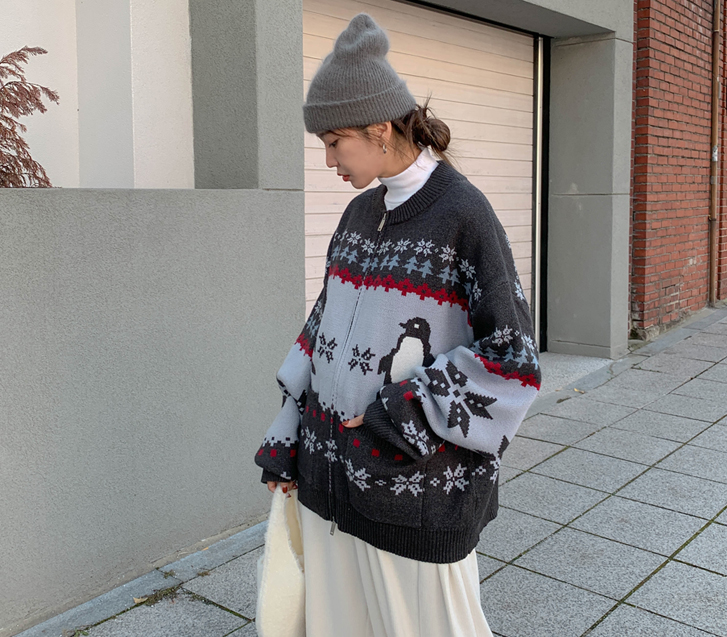 [Unisex] Penguin snowflake jacquard two-way knit zip-up