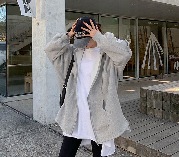 Patch Cargo Pocket Uneven Napping Long Hood Zip-up