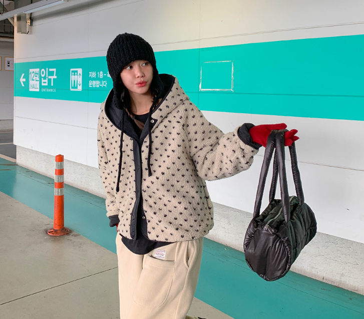 Heart Dot Patterns Dumble Double-Sided Hooded Padding Jumper