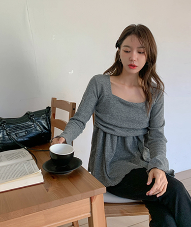 Rib Square Neck Flare Corrugated Knit T-shirt