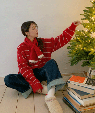 Lovetu V-neck single-breasted muffler wool knit set