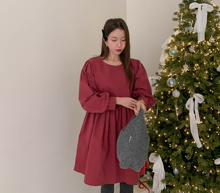 Even Peach Napping Shirring Long-sleeve Mini One Piece