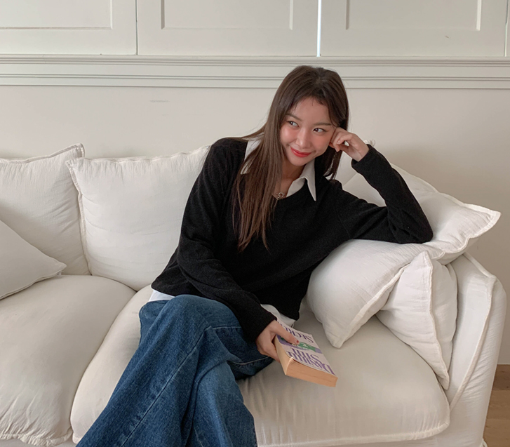 Rough Shirt layered V-neck Knit