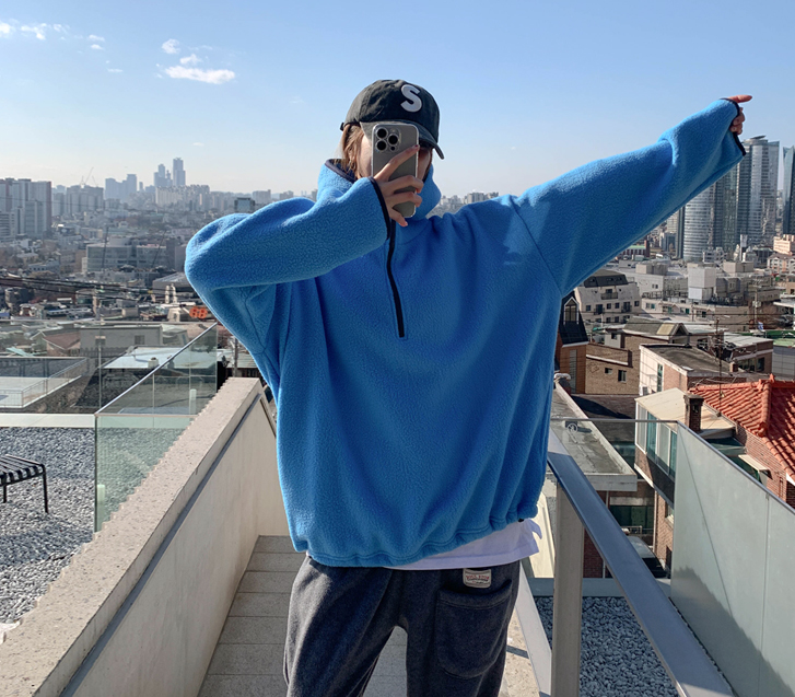 Oat color combination fleece half-zip hoodie