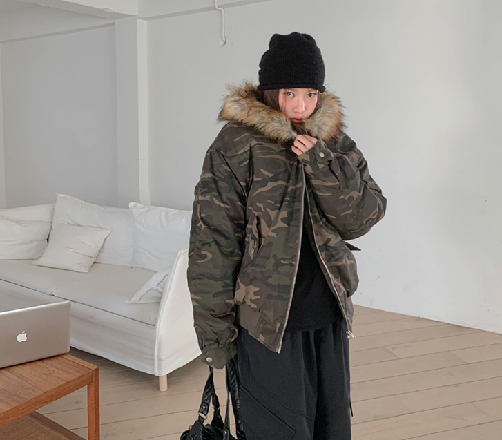 [Unisex] Raccoon Camo Hooded Padding Jumper