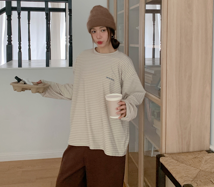 Mood embroidery single-breasted peach-fleece long-sleeve T-shirt