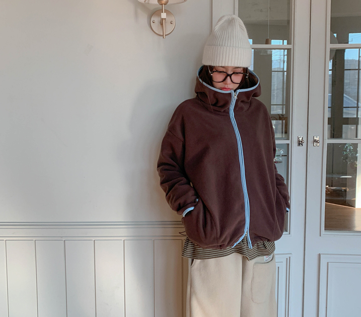 Block Fingerhole Color Combination Fleece Hood Zip-up