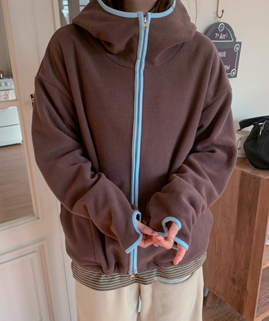 Block Fingerhole Color Combination Fleece Hood Zip-up