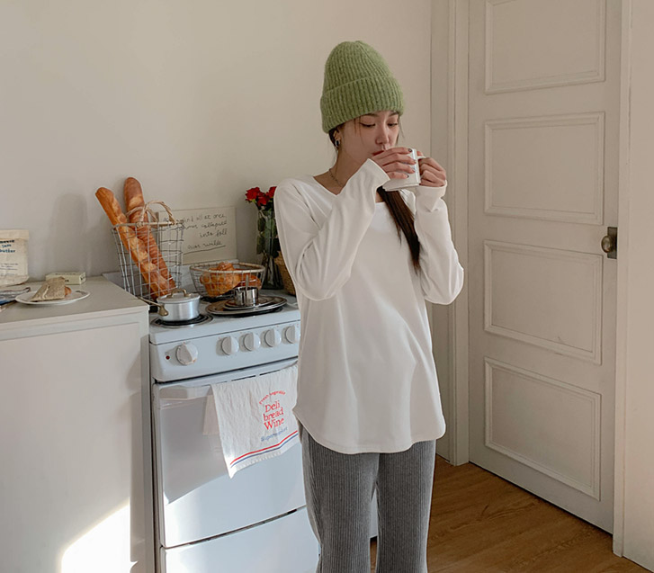 Cream Peach Brushed Round Long-sleeve T-shirt