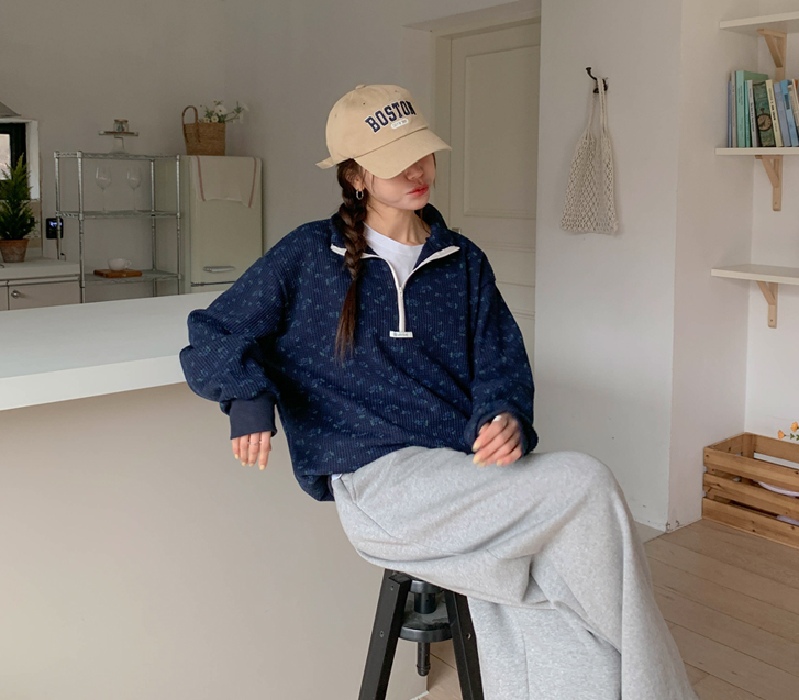 Flower Patterns Waffle Half-Zip