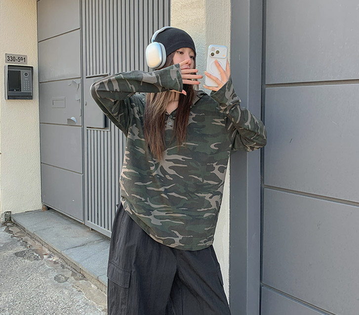 [Unisex] Betin Camo Henley Neck Long-sleeve Hoodie