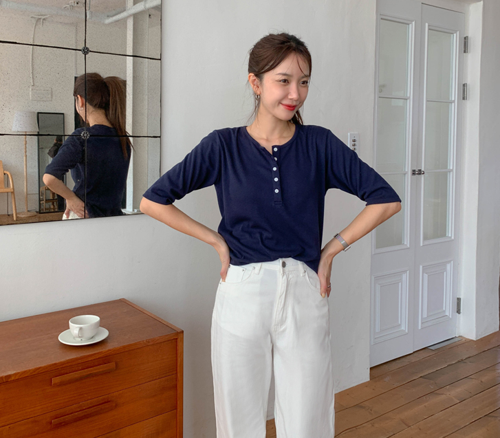 Seon Henley Neck Corrugated 5-part Short-sleeve T-shirt