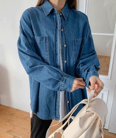 On the Labels Pocket Denim Long Shirt Shirt