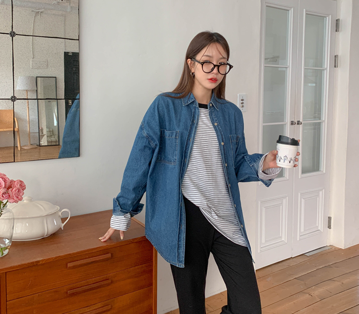 On the Labels Pocket Denim Long Shirt Shirt