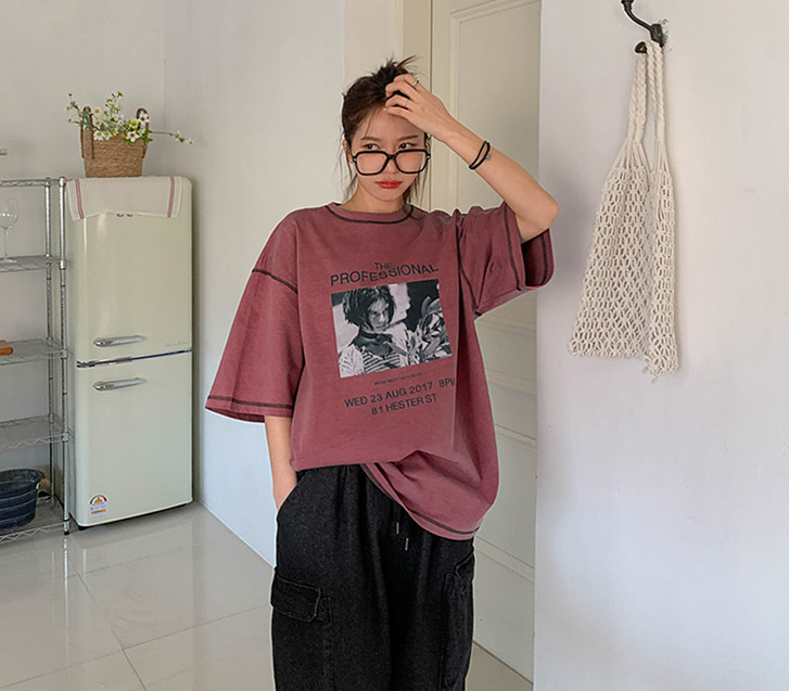 [Unisex] Matil Printed Stitch Pigment Short-Sleeve Long T-Shirts