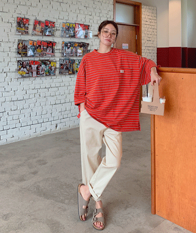 [Unisex] Normal Labels Pocket Striped Short-sleeve Long T-shirts