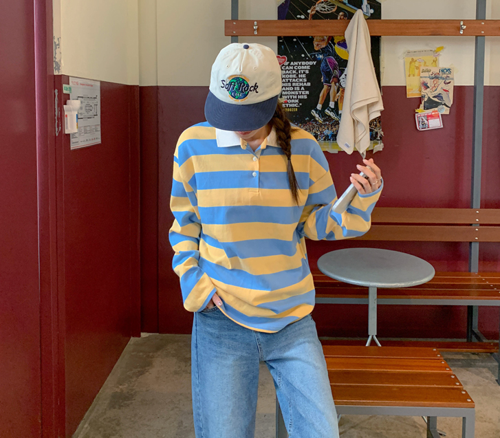 Rugby striped collar color combination long-sleeve long t-shirts