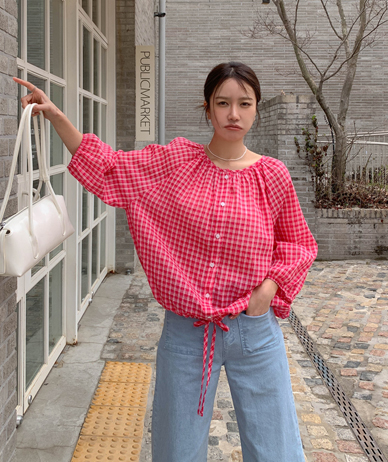 Tiny Check Shirred 3/4 Sleeve Blouse