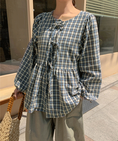 Ray-sided Check Bowknot Blouse