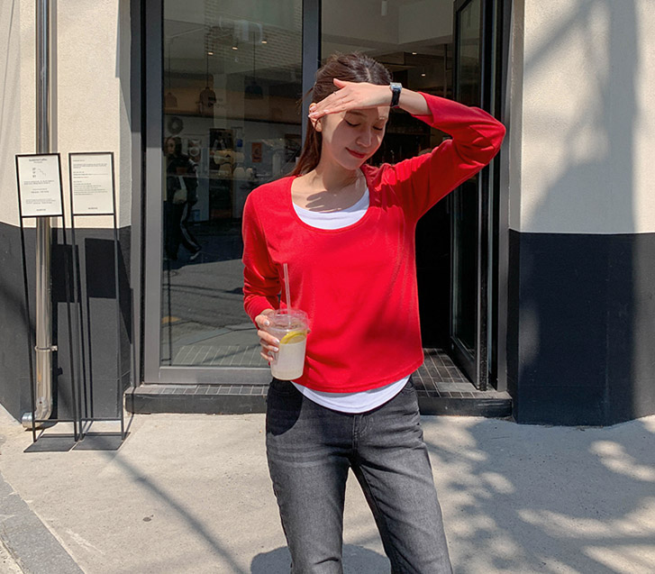 Mari layered U-neck spandex long-sleeved T-shirt