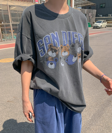 [Unisex] Sandy Bear Print Pigment Short-sleeve Long T-shirts