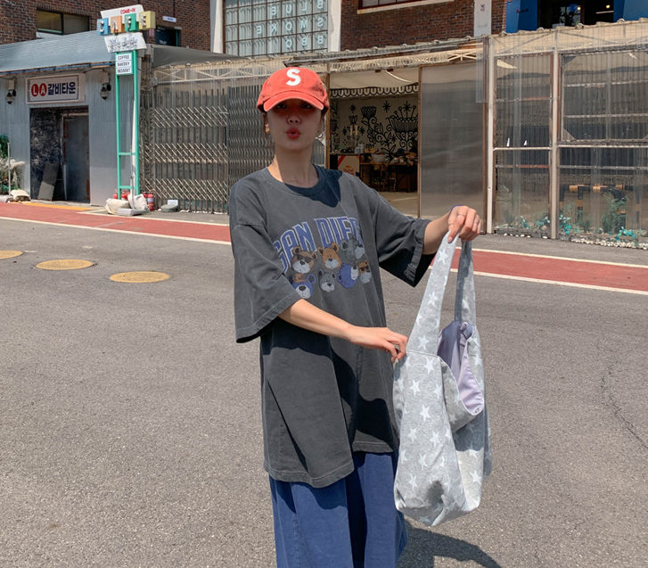 [Unisex] Sandy Bear Print Pigment Short-sleeve Long T-shirts